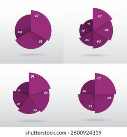Set of violet round infographic templates with 3, 4, 5 and 6 options, parts or processes.