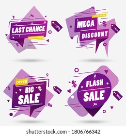 Conjunto de plantillas vectoriales de banner de venta violeta con movimiento y efecto 3d para negocios, tienda o tienda. Descuento y oferta, cupón especial. Vector Eps 10