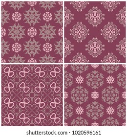 Set of violet seamless backgrounds with floral patterns for wallpapers, textile and fabrics