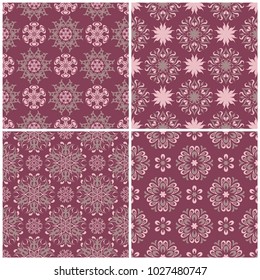Set of violet seamless backgrounds with floral patterns for wallpapers, textile and fabrics