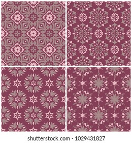 Set of violet seamless backgrounds with floral patterns for wallpapers, textile and fabrics