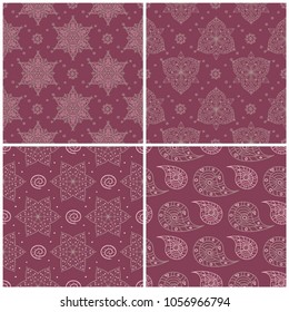Set of violet seamless backgrounds with floral patterns for wallpapers, textile and fabrics