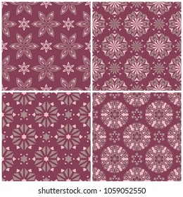 Set of violet seamless backgrounds with floral patterns for wallpapers, textile and fabrics