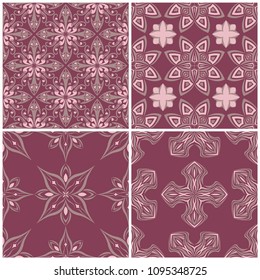 Set of violet seamless backgrounds with floral patterns for wallpapers, textile and fabrics