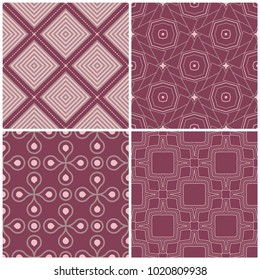 Set of violet seamless backgrounds with geometric patterns for wallpapers, textile and fabrics