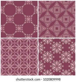 Set of violet seamless backgrounds with geometric patterns for wallpapers, textile and fabrics