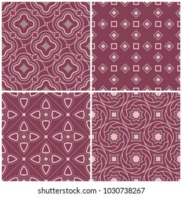 Set of violet seamless backgrounds with geometric patterns for wallpapers, textile and fabrics