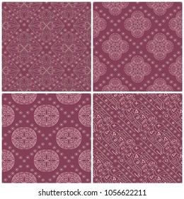 Set of violet seamless backgrounds with geometric patterns for wallpapers, textile and fabrics