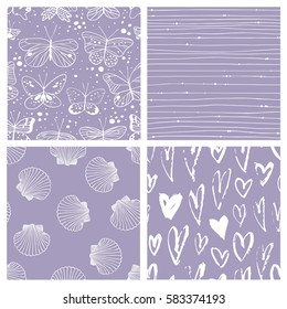 Set of violet seamless pattern with butterfly, shells, hearts, stripes. Hand drawn vector illustration. Decorative elements for design. Creative art work