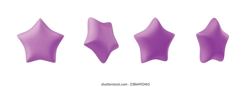 Set of violet stars different shapes. Realistic 3d design cartoon style. vector illustration
