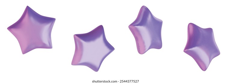 Conjunto de estrelas violetas de diferentes formas. Realista 3d design desenho animado estilo. ilustração vetorial