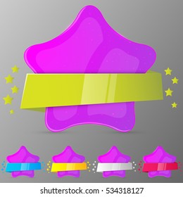 Set of violet stars with ribbons. Collection for game, banner, app, ui. Vector illustration.