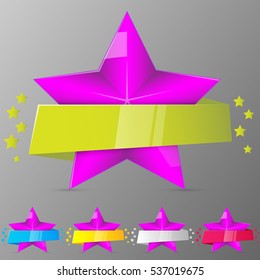 Set of violet stars with ribbons. Collection for game, banner, app, ui. Vector illustration.