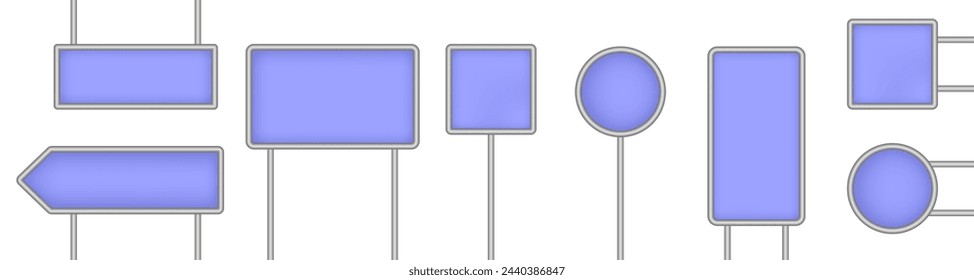 Conjunto de tabletas violetas, paneles colgantes, letreros con puntero aislado sobre un fondo transparente. Señalizaciones redondas y cuadradas. Punteros de carretera de metal 3D. Cartelera en blanco