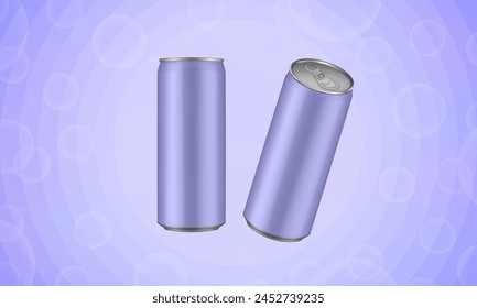 Conjunto de latas de lata violeta de bebida energética, jugo o refresco. Cóctel o bebida de fitness. Bebidas frías. Puede ver arriba. Fondo Abstractas con burbujas y rayos	