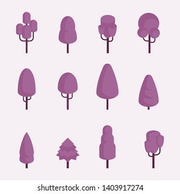 Set of violet trees. Flat vector objects isolated on white background.
