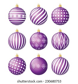 Set of violet vector christmas balls with different patterns