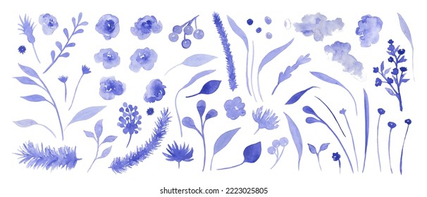 Set of violet watercolor botanical elements, plants, branches, flowers. Hand painted decorative floral collection.