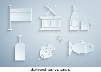 Set Violin, Beer bottle and glass, Fish, Musical drum sticks and National Germany flag icon. Vector
