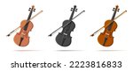 Set of violin with bow music instrument vector 3d illustration, wooden and black