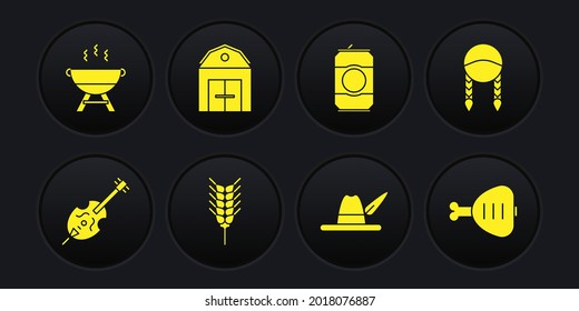 Set Violin, Braid, Wheat, Oktoberfest hat, Beer can, Farm House, Chicken leg and Barbecue grill icon. Vector