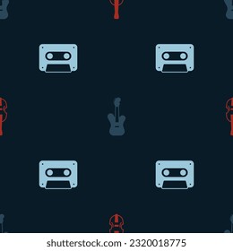 Set Violin, Electric bass guitar and Retro audio cassette tape on seamless pattern. Vector