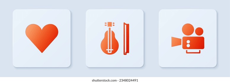 Coloca la cámara de violín, corazón y cine. Botón cuadrado blanco. Vector