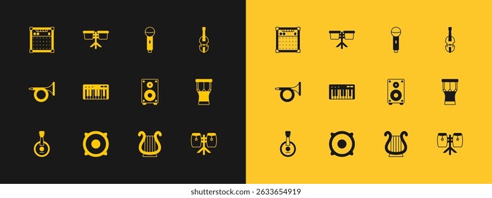Set Violin, Stereo speaker, Ancient Greek lyre, Music synthesizer, Microphone, Guitar amplifier and Bongo drum icon. Vector