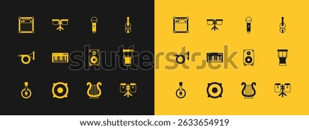 Set Violin, Stereo speaker, Ancient Greek lyre, Music synthesizer, Microphone, Guitar amplifier and Bongo drum icon. Vector