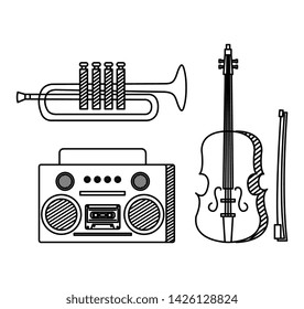 set of violin with trumpet instrument and radio