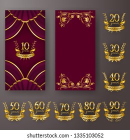 Set of vip anniversary card, invitation with laurel wreath, number. Decorative gold emblem of jubilee on maroon background. Refined element, frame, border, icon, logo for web, page design, retro style