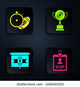 Set VIP badge, American Football ball and stopwatch, American football on tv program and Award cup and American football ball. Black square button. Vector