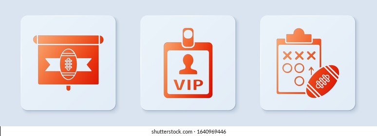 Set VIP badge, American football on tv program and Planning strategy concept. White square button. Vector