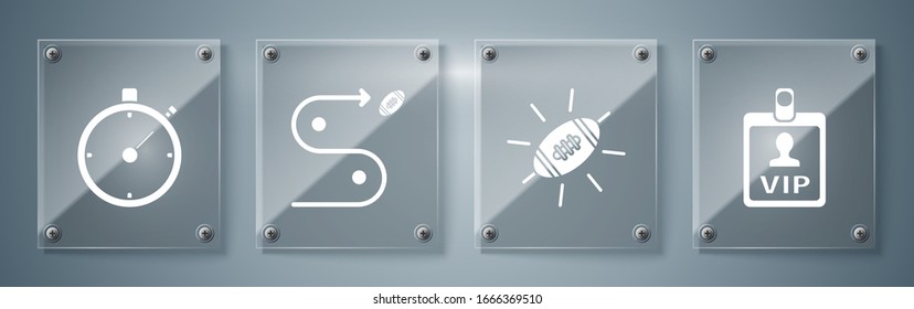 Set VIP badge, American Football ball, Planning strategy concept and Stopwatch. Square glass panels. Vector