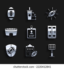 Set VIP Badge, Planning Strategy Concept, Bright Stadium Lights, Locker Or Changing Room For Football, Basketball Team Or Workers, American Football And Shield,  And  Icon. Vector