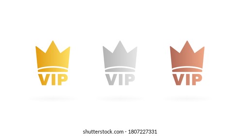 Set VIP badges in gold, silver and bronze color. Crown label with three vip level. Modern vector illustration.