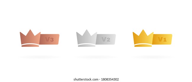 Set VIP badges in gold, silver and bronze color. Crown label with three vip level. Modern vector illustration.