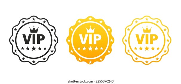 Set VIP badges in gold, silver and bronze color. Round label with three vip level. 1st, 2nd and 3rd ranking icon set. Vector illustration