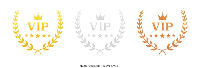 Set VIP badges in gold, silver and bronze color. Round label with three vip level. Crown and stars. One, Two, Three In A Realistic Gold Silver Bronze Laurel Wreath. Vector illustration