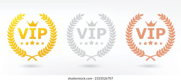 Set VIP badges in gold, silver and bronze color. Round label with three VIP levels. Crown and stars.