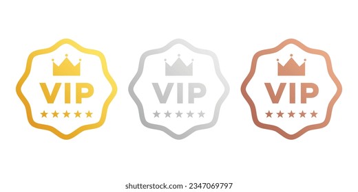 Juego de insignias VIP de color oro, plata y bronce. Etiqueta redonda con tres niveles VIP. Ilustración vectorial.