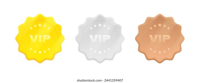 Set VIP badges in gold, silver and bronze color in 3d style with stars and glowing effect. Round label with three vip level. Modern vector illustration.