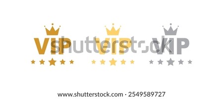 Set of VIP badges in gold, silver and bronze color. Round label with three VIP level. Vector illustration.