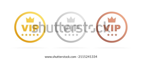 Set VIP badges in\
gold, silver and bronze color. Round label with three vip level.\
Modern vector\
illustration.