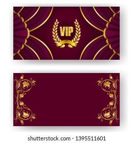 Set of vip card, invitation with laurel wreath, ribbon. Decorative gold emblem on maroon background, drapery fabric. Filigree element, frame, border, icon, logo for web, page design in vintage style