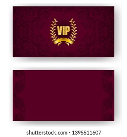 Set of vip card, invitation with laurel wreath, ribbon. Decorative gold emblem on maroon background, ornate pattern. Filigree element, frame, border, icon, logo for web, page design in vintage style