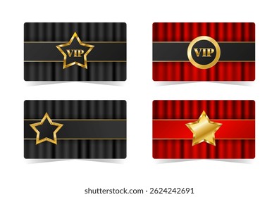 Set of VIP cards with red and black draped curtains. Vector illustration for theatre, club, cinema, casino