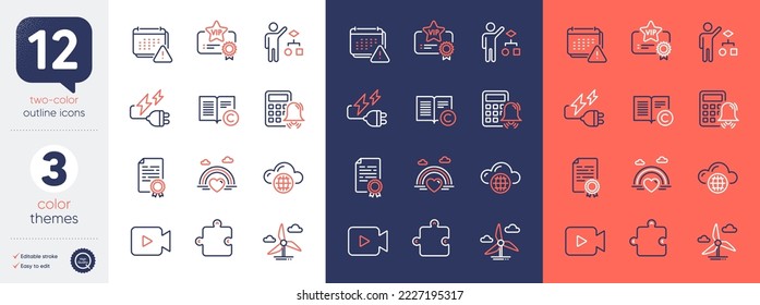 Set of Vip certificate, Video camera and Notification line icons. Include Puzzle, Algorithm, Lgbt icons. Certificate diploma, Electricity plug, Copyright web elements. Cloud computing. Vector