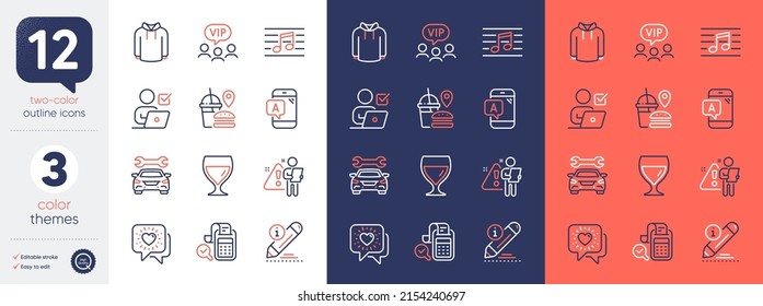 Set of Vip clients, Fast food and Hoody line icons. Include Ab testing, Car, Edit icons. Friends chat, Bill accounting, Musical note web elements. Online voting, Search employee, Wine glass. Vector