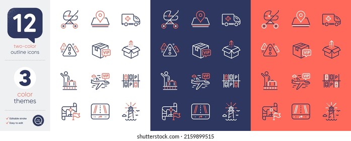 Set of Vip flight, Pin and Destination flag line icons. Include Warning, Gps, Parking place icons. Lighthouse, Ambulance emergency, Luggage belt web elements. Vip parcel, Baby carriage. Vector